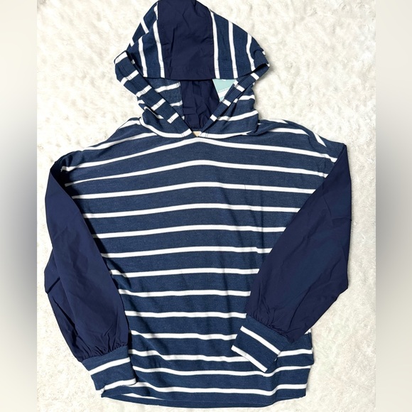 Chaser Tops - NWT- CHASER Navy Blue & White Nautical Striped Pullover Contrast Fabric Hoodie